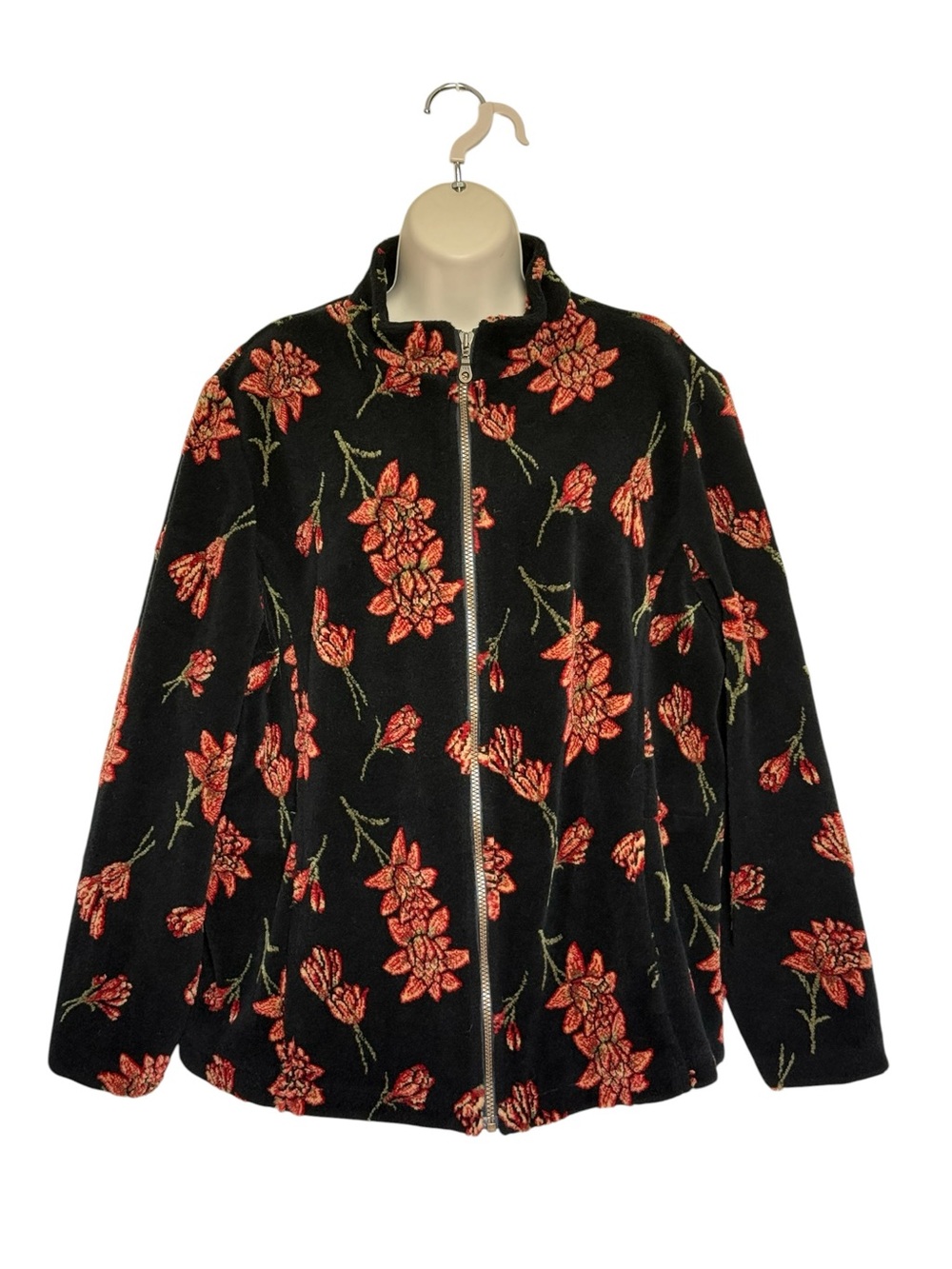 Vintage Tsunami Floral Fleece Jacket Full Zip Black Toggle Waist Pockets Sz XL